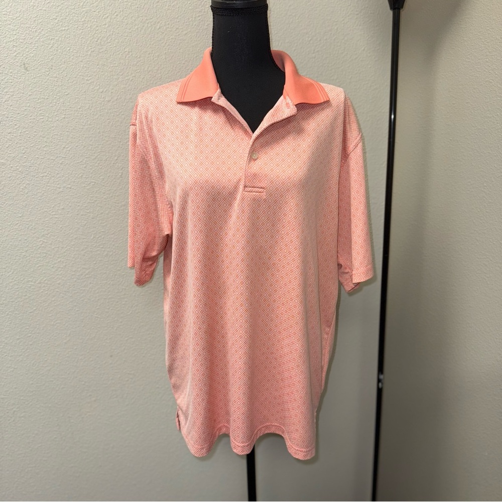 PGA Tour Men's Golf Polo. Peach & White Diamond Pattern. Large